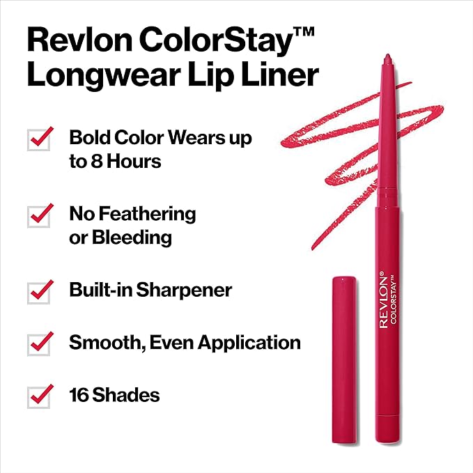 Revlon Colorstay Lip Liner Makeup with Built-In Sharpener, Longwear Rich Colors, Stocking Stuffer for Women, 713 Ruby, 0.01 oz