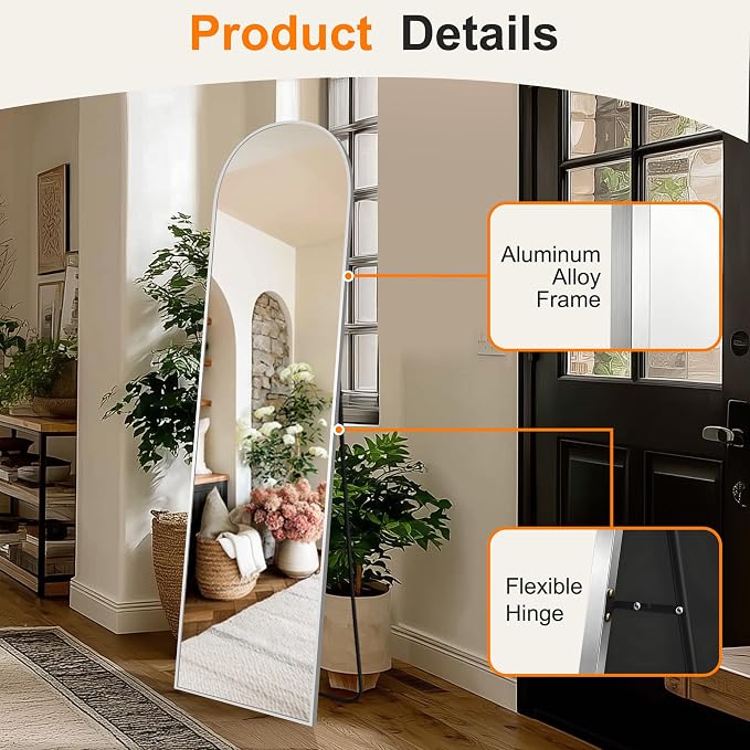 Arched Full Length Mirror, 56"x15" Standing Body Mirror for Wall, Silver | Built-in Stand, HD Shatterproof Glass, Aluminum Alloy Frame, Hanging or Standing, for Bedroom, Living Room & Dressing Room