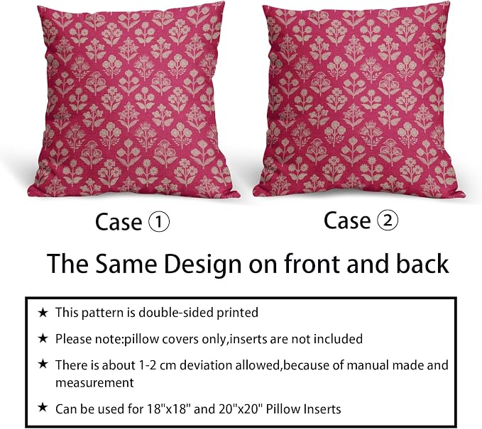 Hot Pink Floral Pillow Covers 24x24 Inch Set of 2, Vintage Flower Block Print Pattern Decorative Throw Pillowcases Outdoor Farmhouse Cushion Covers Spring Summer Rustic Sofa Couch Bed Decor