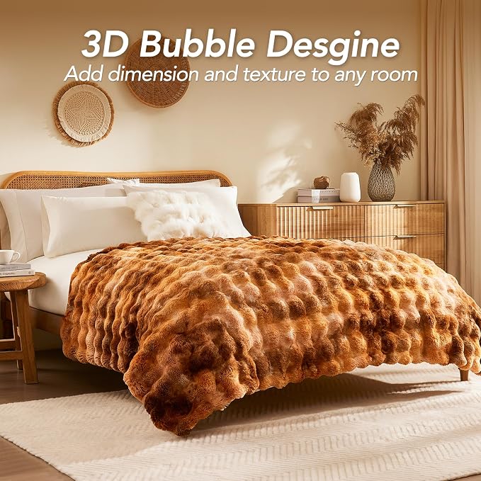 L'AGRATY Faux Fur Throw Blanket for Couch, 90''x90'' Tie-Dye Caramel Brown | Soft Cozy Bubble Fluffy Blanket for Sofa Bed, Thick Warm Plush Fuzzy Throw for Room Home Decor, Luxury Gift for Women Mom