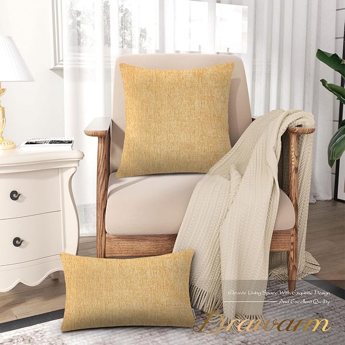 BRAWARM Throw Pillow Covers 20x20 Inches - Gold Chenille Pillow Covers Pack of 2, Solid Dyed Soft Chenille Pillow Cases for Couch Sofa Bed Home Decoration