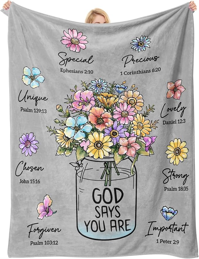Christian Religious Gifts for Women, Grey Christian Blanket with Flowers | Birthday Gifts for Women, Spiritual Baptism Religious Gifts for Men Dad Mom Daughter Girls Boy, Soft Throw Blanket 60''x 50''