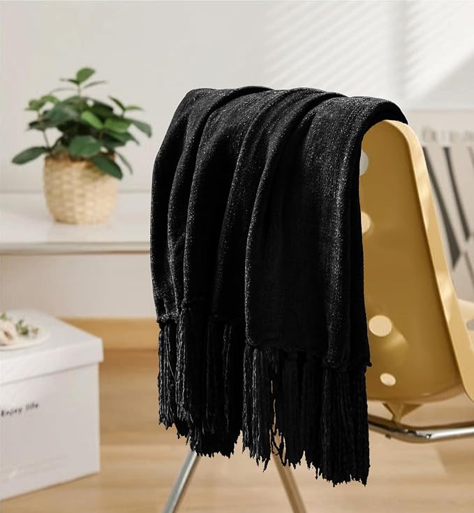 Chenille Throw Blanket for Couch 60" x 80" Twin, Black | Soft Cozy Luxury Throws with Fringe Tassel, Living Room Bed Sofa Chair Cover, Lightweight Knitted Boho Blankets Home Decor