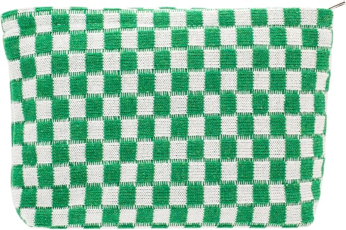 PAZIMIIK Knitted Checkered Makeup Bag Large Zipper Make Up Accessory Pouch for Purse Cosmetic Brush Bag for Travel Essential,Green