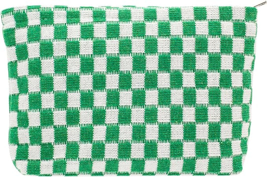PAZIMIIK Knitted Checkered Makeup Bag Large Zipper Make Up Accessory Pouch for Purse Cosmetic Brush Bag for Travel Essential,Green