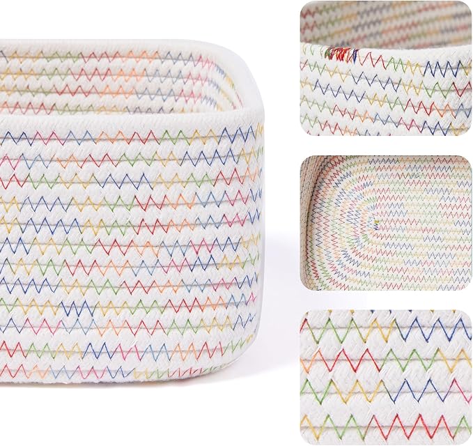 MiniArk Small Storage Baskets for Organizing | Closet Organizer Bins | Shelf Toy Basket | Woven Rope Baskets | Cube Decorative Box | Shallow Basket | 11.5x7.5x4.7” | 3 Packs Rainbow