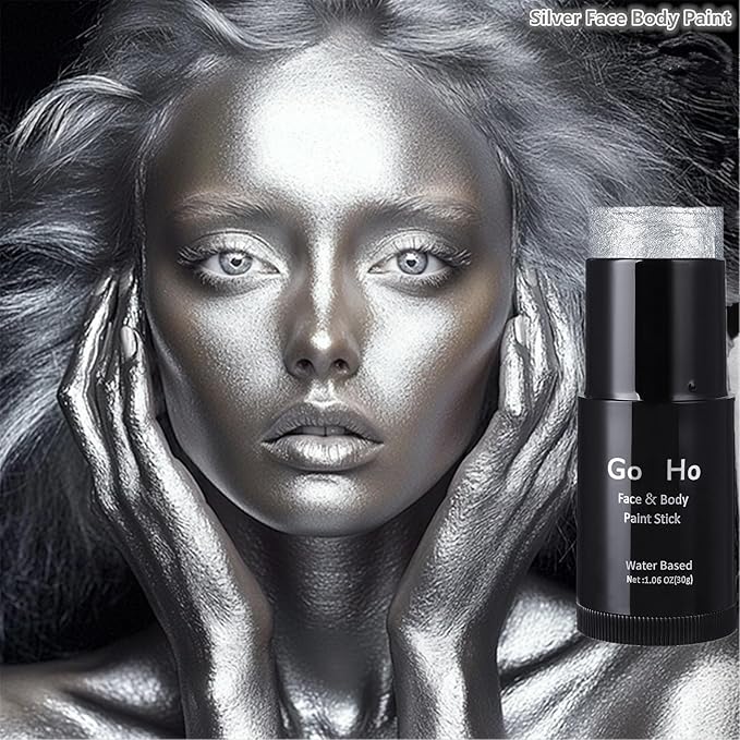 Go Ho Pearl Silver Face Body Paint Stick,Water Based Washable Face Paint Stick,Non-toxic Full-coverage Cream Silver Body Paint for Halloween Costumes Cosplay SFX Makeup