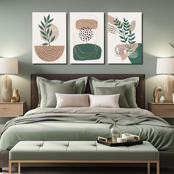 DNIEOTU Bohemian Wall Art for Living Room, Boho Botanical Wall-Decor for Bedroom, Minimalist Geometric Shapes Picture Prints, Size 24 x 36 Inches 3-Pieces