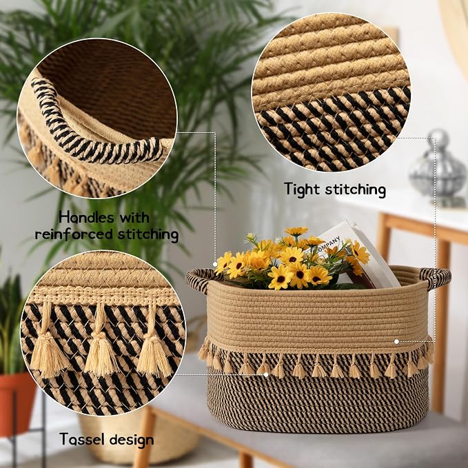 TeoKJ Set of 2 Baskets for Organizing, Decorative Rope Baskets for Storage, Storage for Pets, books, Pillows, Toys & Cloths, Black & Jute