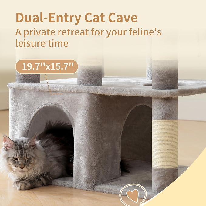 Heybly Cat Tree, 71-Inch Tall Cat Tower for Large Maine Coon Cats HCT037W | Cat Condo Furniture with Extra-Large Baseboard, Multi-Level Platforms, 2 Hammocks and 12 Scratching Posts, Light Gray