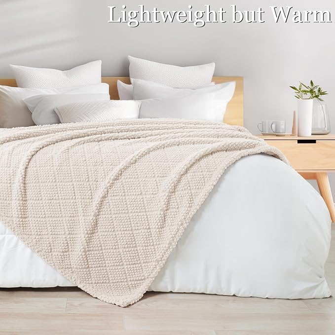 Whale Flotilla Soft Fleece Twin Size Blanket for Bed, Ivory White | Jacquard Waffle Blankets for Home Decor, Lightweight and Cozy, All Season Suitable, 60x80 Inch