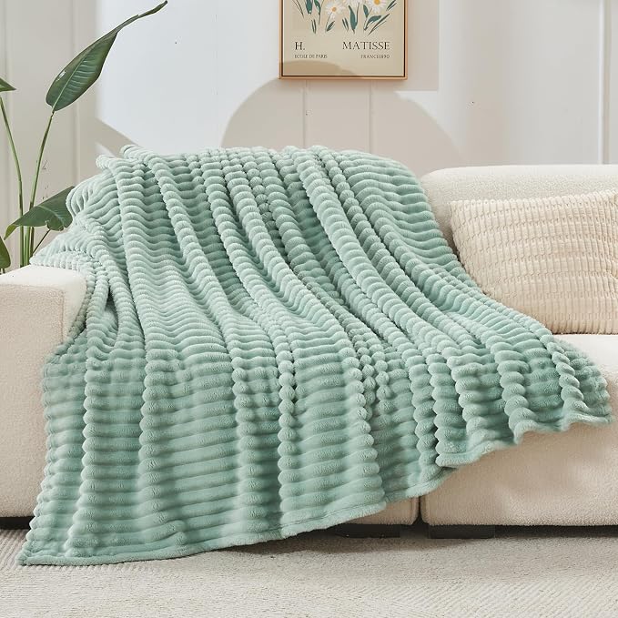 NEWCOSPLAY Fleece Ribbed Cozy Twin Blanket for Couch, Mint Green, 60"x80" | Premium Silky Flannel Blanket, Soft Lightweight Fluffy Throw Blanket for Bed Sofa Decor, Gift for All Season Use