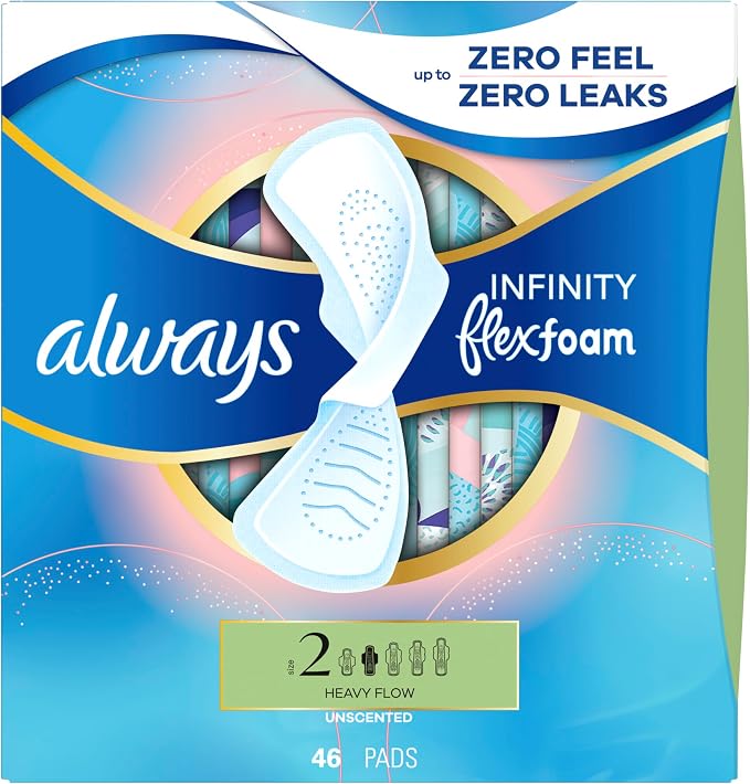 Always Infinity Feminine Pads for Women, Flexfoam Pads with Wings, Size 2, Heavy Absorbency, Unscented, 46 Count