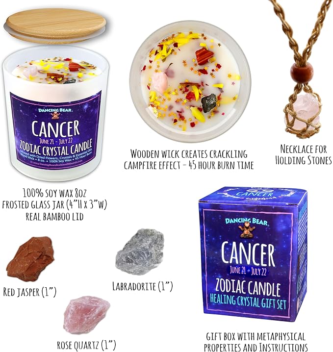 DANCING BEAR Cancer Zodiac Candle Gift Box Set with 3 Healing Crystals & Stone Holder Necklace, 100% Soy Scented Wax, Crackling Wood Wick, 45 Hour Burn Time