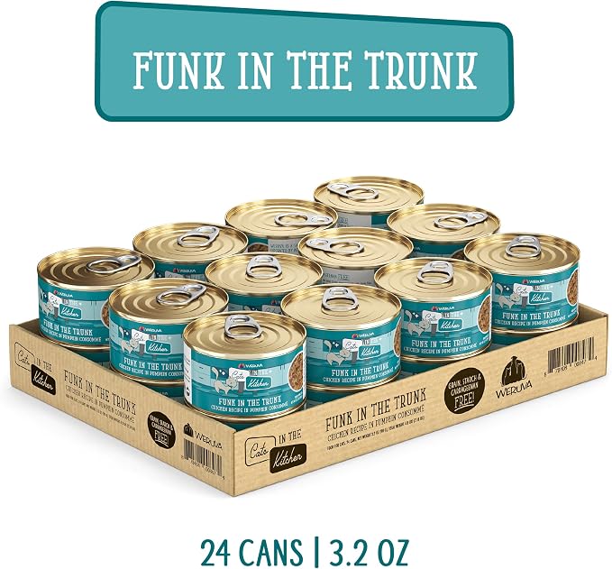 Weruva Cats in the Kitchen, Funk in the Trunk with Chicken in Pumpkin Consomme Cat Food, 3.2oz Can (Pack of 24)