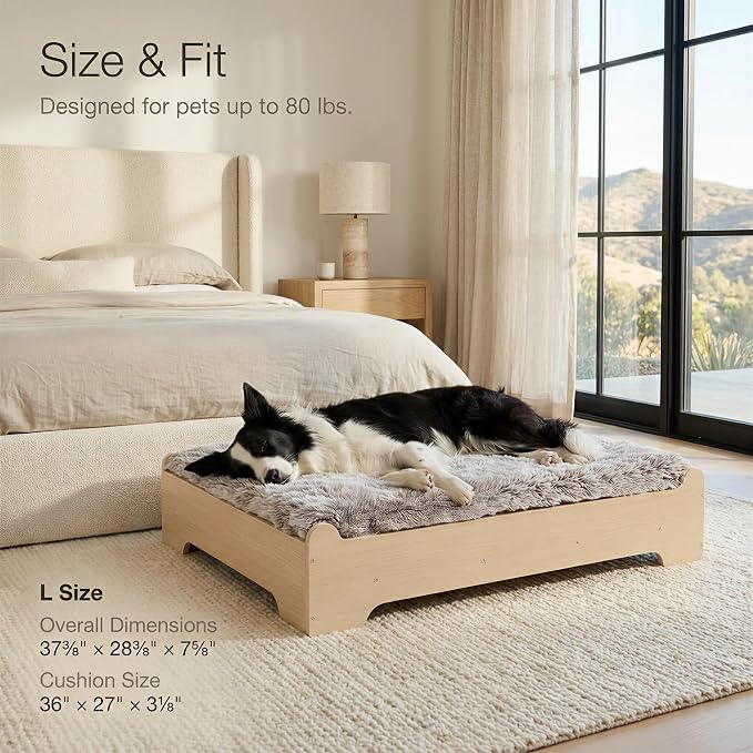Elevated Wood Dog Bed Frame with Foam Mattress, WoodPattern, L | Raised Dog Bed with Washable Cover, Furniture-Style Design for Indoor Living