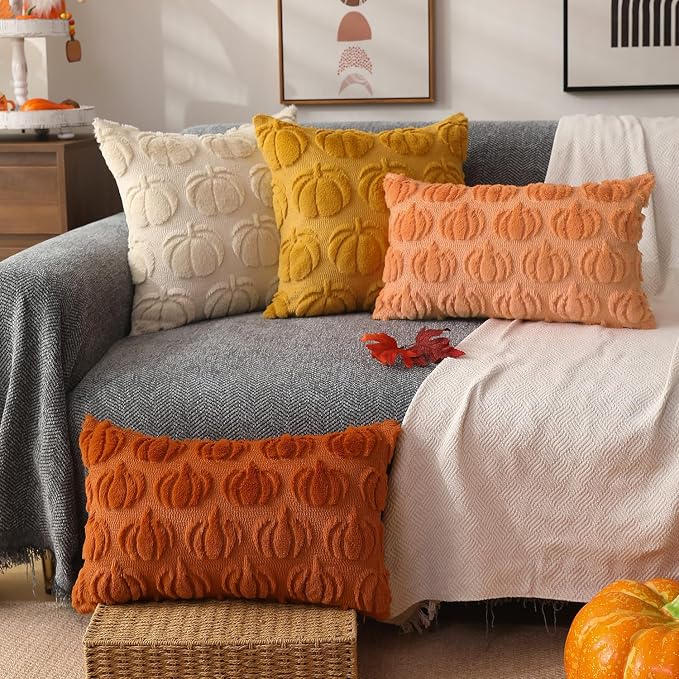 DFXSZ Fall Pillow Covers 20x20 2Pcs Light Orange Pumpkin Fall Decorations | Fall decor Set of 2 Throw Pillow Cases Soft Plush Faux Fur Wool Couch Cushion for Chair Sofa Bedroom Living Room Home Decor