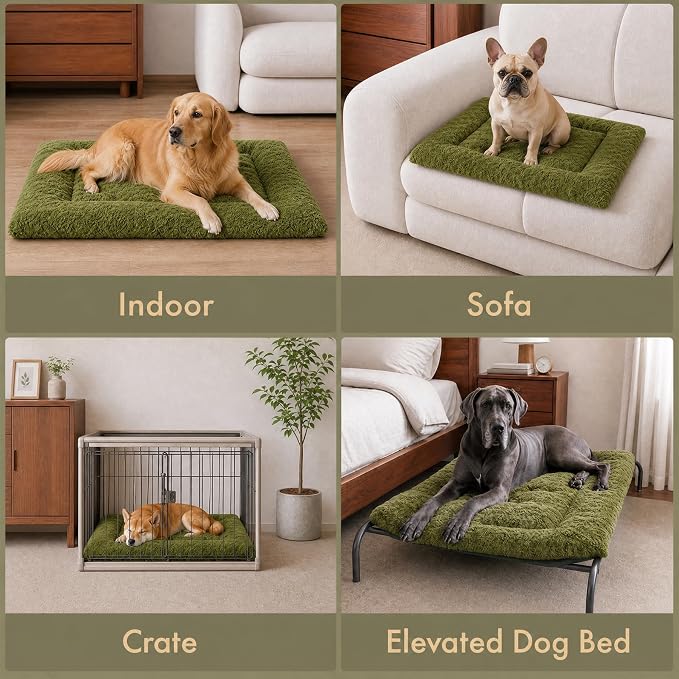 Exsnugy Washable Dog Bed Mat Medium Size Fluffy Pet Crate Pad 36x23 | Non-Slip Bottom Kennel Beds Ultra Soft Comfy Sleeping Mattress for Large Medium Small Dogs Green