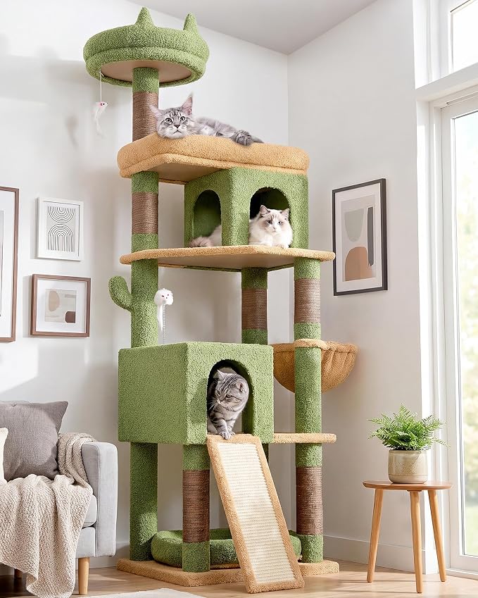 Globlazer Heavy Duty Cactus Cat Tree for Large Cats, Sturdy 72in Maine Coon Cat Tree for Large 20 lbs+ Cactus Cat Tower for Adult Biggest Cats with 6 Scratching Posts, Hammock, S72, Green