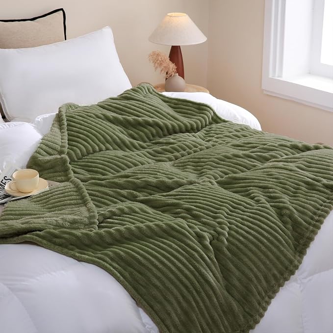 Olive Green Fleece Throw Blanket 90”×90” for Couch Sofa Livingroom | Super Soft Cozy Plush Microfiber Flannel Bed Blanket Striped Design Lightweight Home Decor Gifts for Adults Mom Women