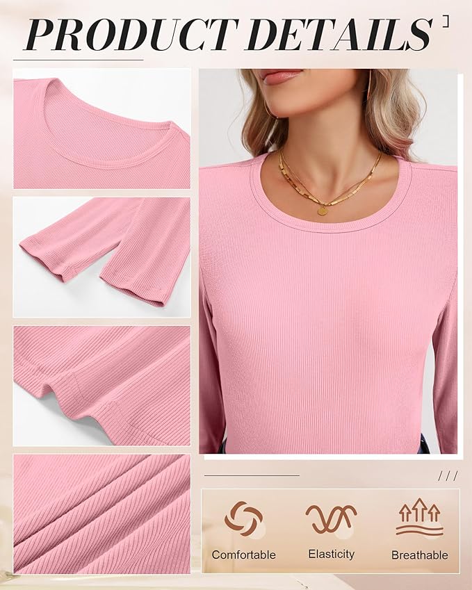 Ficerd 3 Pack Women's Ribbed Long Sleeve Tops, Crew Neck Slim Fit Undershirts Knit Basic Casual Stretch Layering Tee Shirts