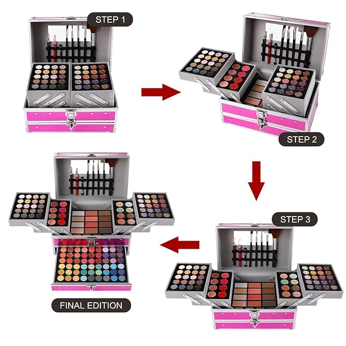 Makeup Gift Set For Women Girls, All in One Full Makeup Kit with Eyeshadow, Lip Gloss, Concealer, Blush, Contour, Highlighter Brushes Liquid Lipsticks Eyebrow Pen Mascara Eyeliner Pencil (Cerise Set)