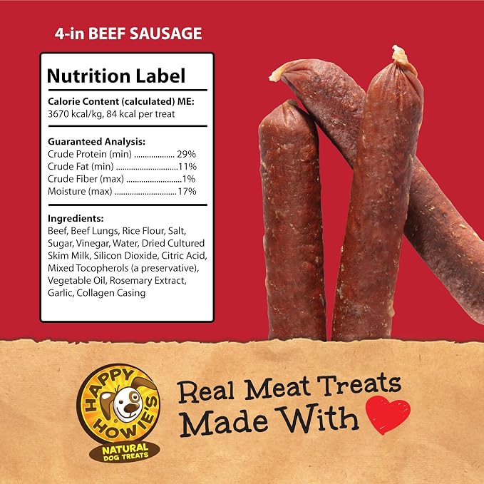 Happy Howie's Sausage Treats, Healthy Dog Treats, Beef, (Pack of 1) | Flavorful Slow Cooked Beef, Natural Ingredients, Chewy, Hormone Free