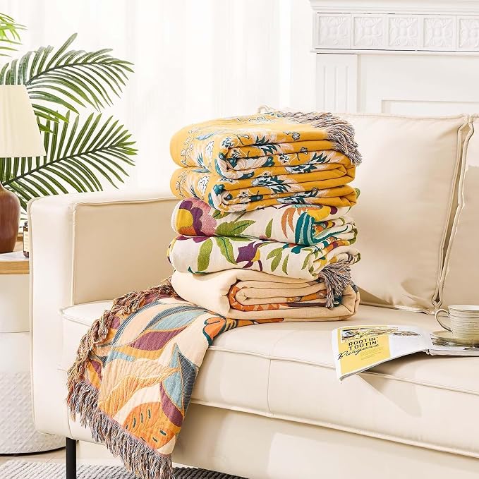 XIBLC Boho Throw Blanket, 100% Cotton Ultra Soft Luxury Throw Rustic Quilt, Floral Printed Farmhouse Decor Bed Summer Blankets, All Season Rustic Reversible Bohemian Throw for Bed (90"x98" Yellow
