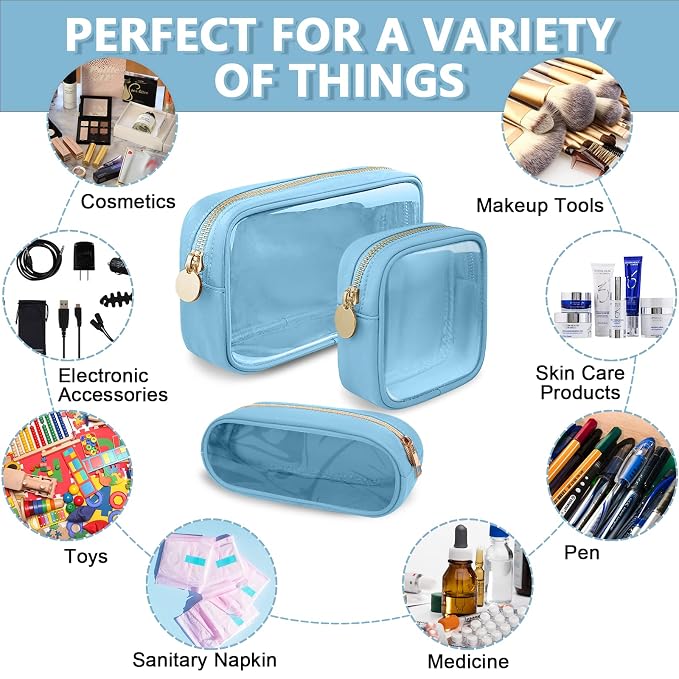 UIXIZQ Clear Small Pencil Pouch Makeup Bag for Purse,Nylon&PVC Pencil Case Waterproof Makeup Brush Holder with Zipper,Preppy Transparent Pen Bag Travel Cosmetic Bag for Women Office(Slim-Blue)