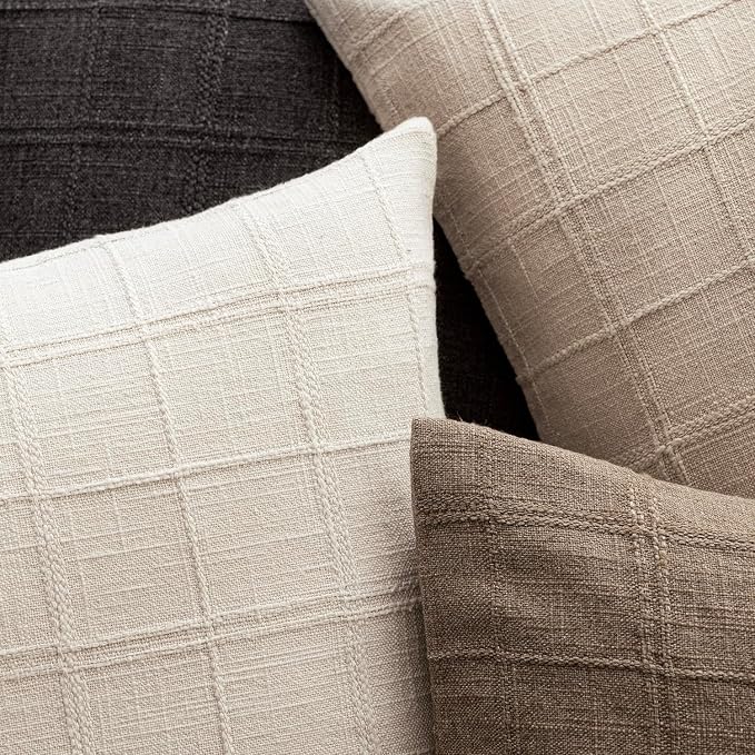Foindtower Set of 2 Decorative Linen Check Throw Pillow Covers Neutral Farmhouse Vintage Cushion Covers Modern Boho Home Decor for Sofa Chair Couch Bedroom Living Room,22×22 Inch,Natural Linen