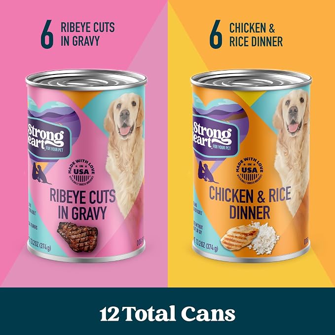A Strong Heart Variety Pack, Chicken & Rice + Ribeye Cuts, 12pk | Two recipes, complete & balanced all life stages, real beef & chicken, Made in USA