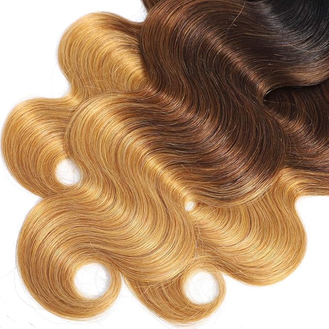 Ombre Human Hair Bundles 1b/4/27 Brazilian Three Tone Ombre Body Wave Human Hair One Bundle 12inch 100% Unprocessed Virgin Hair Bundles Weaves Extensions for Women