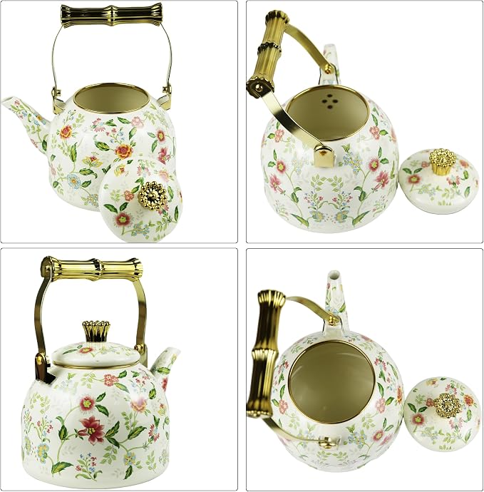 Vintage Enamel Tea Kettle Fragrant Flowers Pattern Stovetop Teapot with Gold Handle 2.5L Enamel Kettle Kitchen Decor, Ideal Gift for Housewarming Camping Coffee Pot