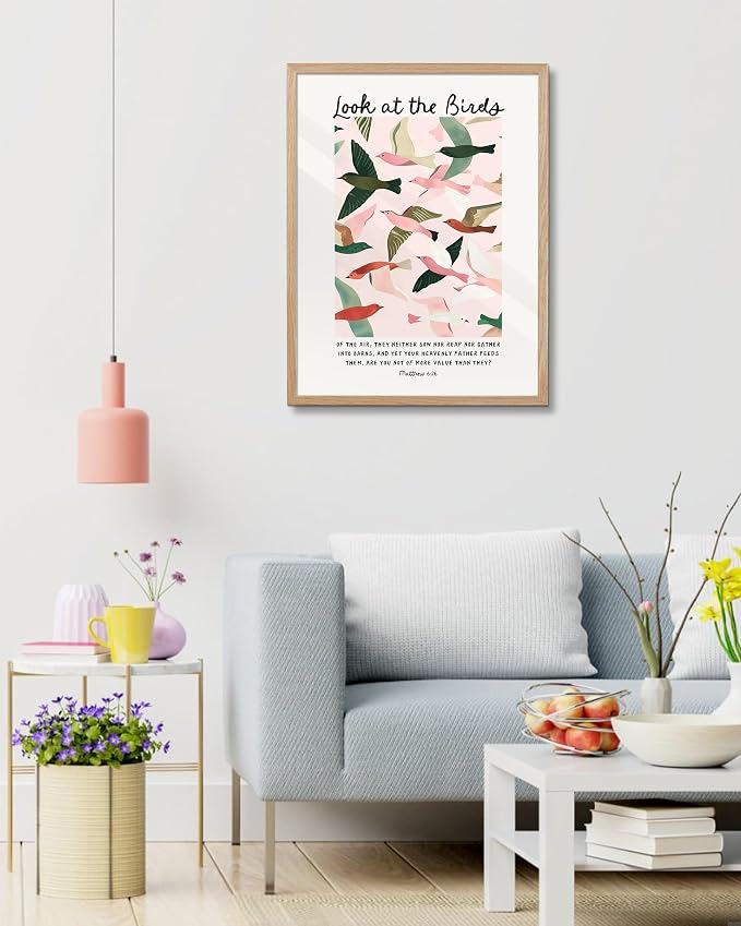 EcoHest 18x24 in Matthew 6:26 Look at the Birds Framed Christian Wall Art | Solid Oak Wood Frame with Canvas Wall Art, Scripture Bible Verse Wall Decor for Bedroom, Living Room, Office, Church, 1Pack