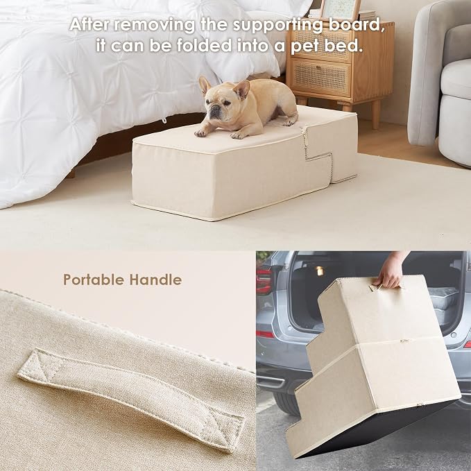 EHEYCIGA Dog Stairs for Bed 20" H, 4-Step Extra Wide Dog Steps, Beige | Pet Steps for Small Dogs and Cats for High Bed, Non-Slip Balanced Pet Ramp Indoor