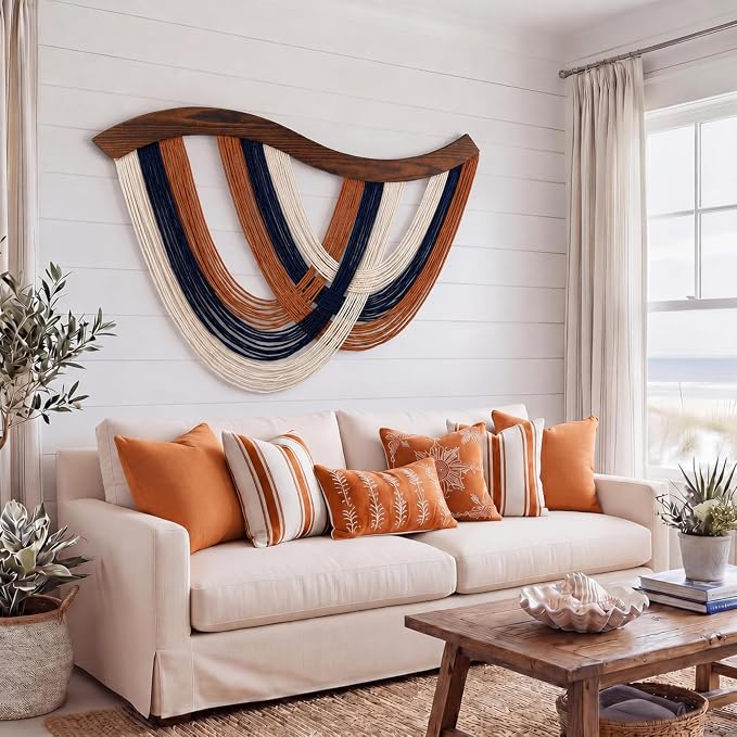 Mindsoft Terracotta Navy White Macrame Wall Hanging Dip Dyed Yarn Wall Art | Handmade Cotton Rope Tapestry for Bedroom, Living Room, Nursery, 31.5 x 23.6 Inch