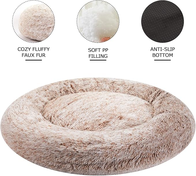 Bedfolks Calming Donut Dog Bed, 23 Inches Round Fluffy Dog Beds for Small Dogs, Machine Washable Anti-Anxiety Plush Puppy Bed（Brown, Small）