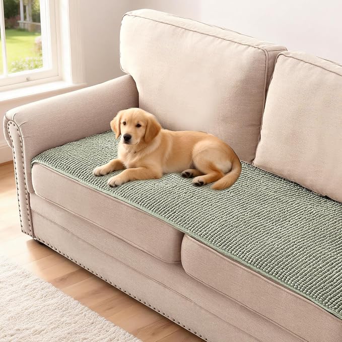 H.VERSAILTEX Plush Chenille Couch Cover for 3 Cushion Couch Anti Slip Washable Sofa Slipcovers Soft and Durable Furniture Protector for Dogs Cats Kids (27.5" x 59", Sea Foam)