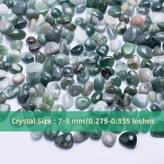 Polished Moss Agate Crystal Chips 200 Pcs - 0.3" 10 oz Tumbled Stone Chips Crushed Sea Glass Stones Healing Reiki Crystal Jewelry Making Home Decoration
