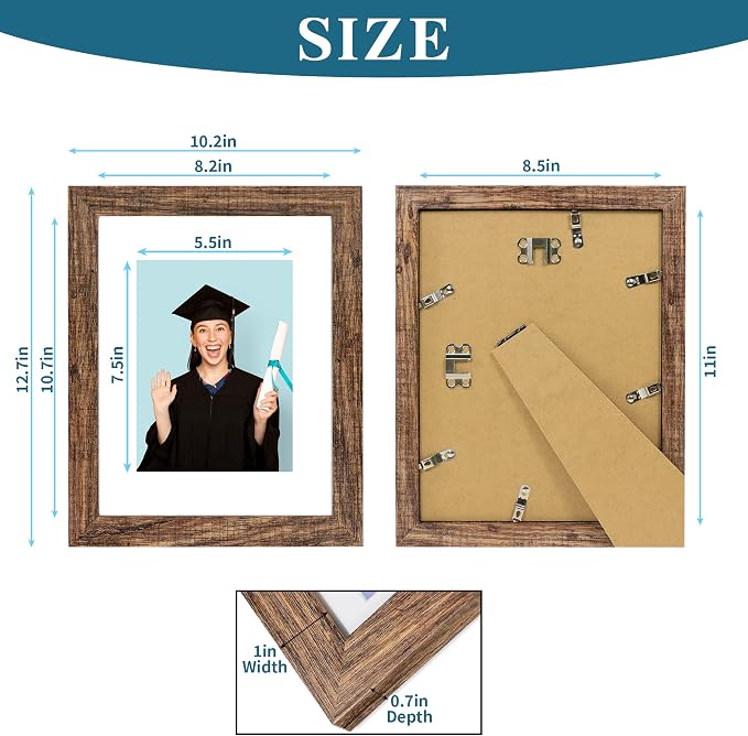 Hongkee 8.5 x 11 Picture Frame Set of 4, Made of Real Glass and Brown Certificate & Diploma Frame, 8.5 by 11 Photo for Wall or Tabletop - Display Picture 6x8 with Mat or 8.5x11 Without Mat