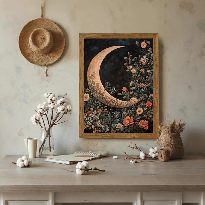 JLTULT Floral Moon Wall Art, Gothic Botanical Framed Canvas, 12 x 16 In | Dark floral moon art on fade-resistant canvas with a ready-to-hang wood frame for bedrooms, living rooms and bathrooms