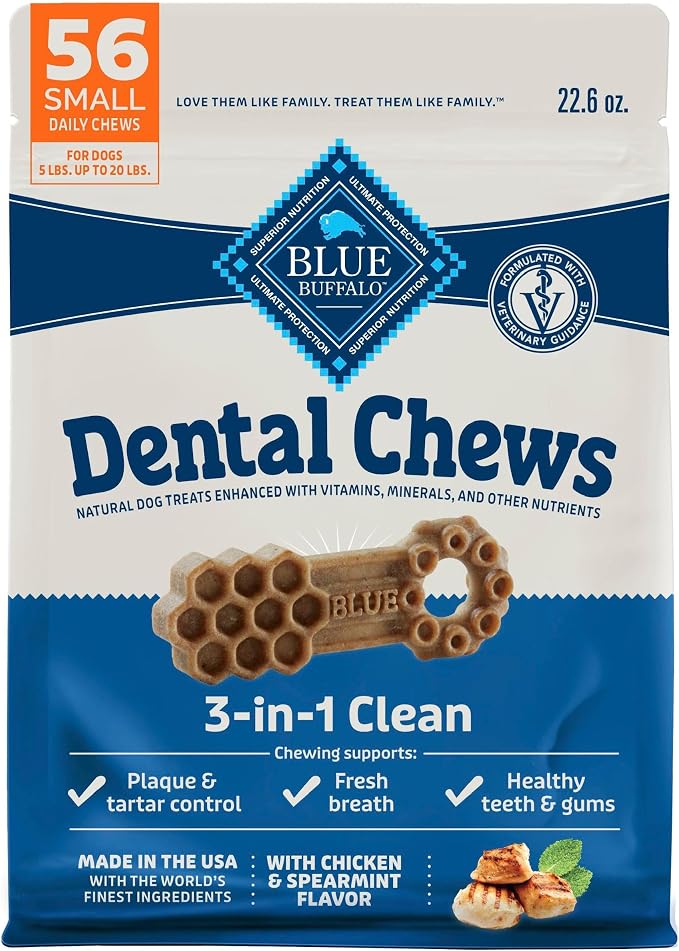 Blue Buffalo Chicken & Spearmint Small Dental Chews, 22.6 oz, 56 ct | 50 Ridges & Grooves Fight Plaque & Tartar, Spearmint Freshens Breath, Natural Ingredients