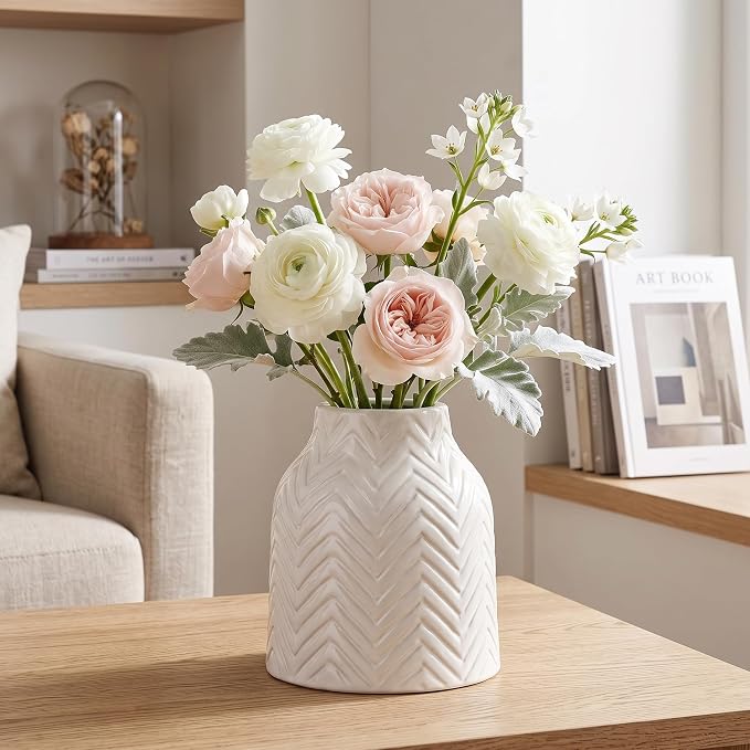 hjn White Vase for Flowers Ceramic Vase for Decor, Modern Decorative Vase, Vases for Your Kitchen/Office/Living Room/Bookshelf/Mantel - White Texture(Small)