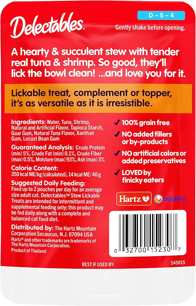 Delectables Lickable Treat Stew Wet Cat Treat with Real Tuna & Shrimp, Food Topper, Hydrating, Grain-Free, No Fillers, No By-Products, No Added Preservatives, 1.4oz Pouch, 12ct