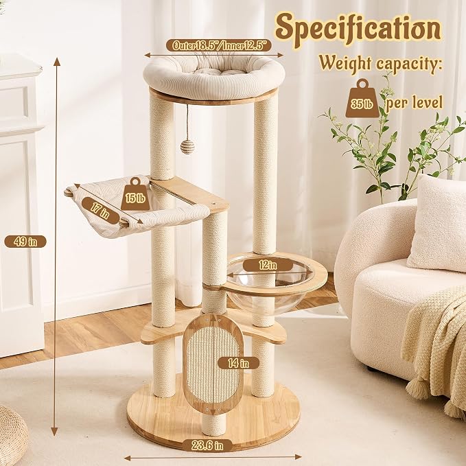 Modern Solid Wood Cat Tree for Indoor Cats Up to 15lbs, 49" Tall Cat Tower with Scratching Posts & Scratcher, Large Cat Bed, Hammock, Capsule Nest, Dangling Ball, Multi-Level Cat Furniture