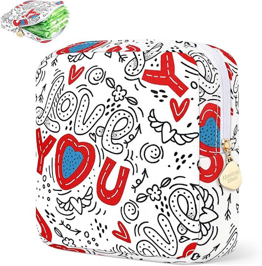 Sanitary Pad Storage Bag Portable Period Bag for Teen Pads/Sanitary Napkins/Small Tampons, Sanitary Napkin Storage Bag First Period Gifts for Teen Girls (Love Graffiti)