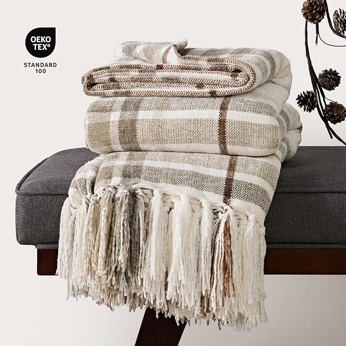 Plaid Chenille Knit Throw Blanket for Couch, 50"x60", Beige | Super Soft Knitted Throw with Tassels, Cozy, Decorative Farmhouse Plaid, Lightweight, Ideal for Bed Sofa Gift Home Decor