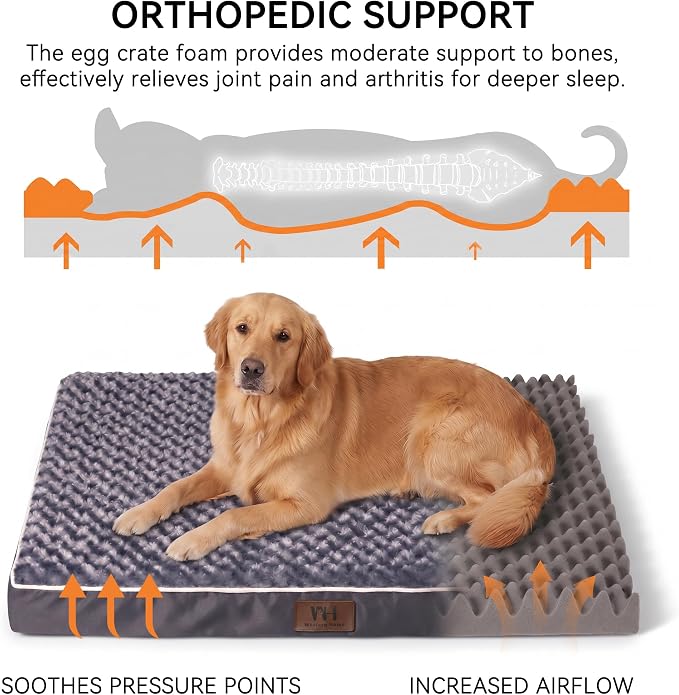 WESTERN HOME WH Orthopedic XL Dog Bed Extra Large Washable Pet Bed, 42in | Waterproof Liner,Removable Cover,Thick Egg Crate Foam for Joint Support,Nonskid Bottom,OEKO-TEX Certified,Grey,Up to 92 Lbs