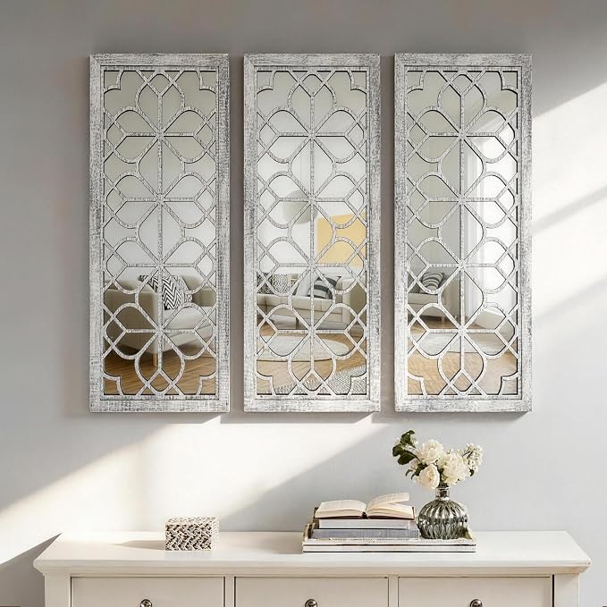 Set of 2 16x41.5 Inch Large Carved Floral Wood Frame Wall Mirrors, Shatterproof Boho Farmhouse Rustic Accent Mirrors for Living Room, Bedroom, Bathroom, Entryway & Home Wall Decor (Gray)