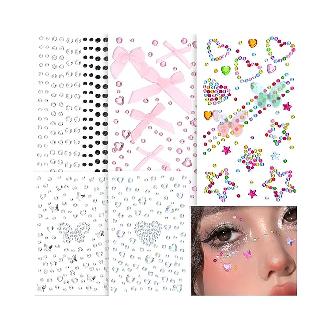 SAOROPEB 5 Sheets Face Gems Face Jewels Stickers, Self Adhesive Eye Body Face Nail Crystal Rhinestones Rainbow for Women Festival Accessory and Nail Art Decorations